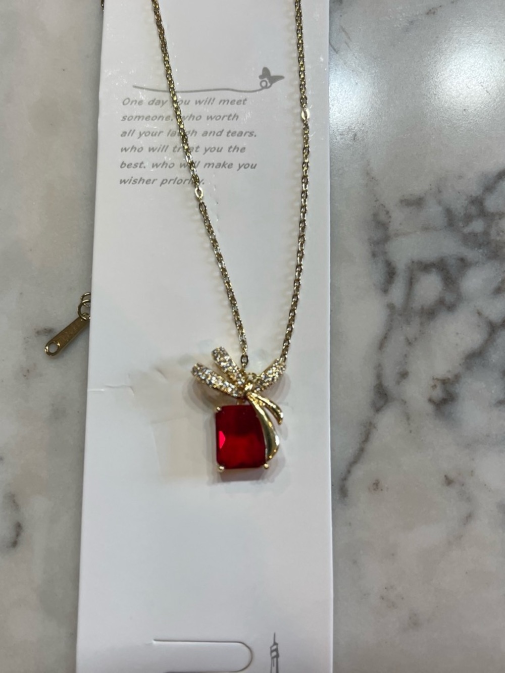 & Other Stories Gold Bow Necklace with Red Stone